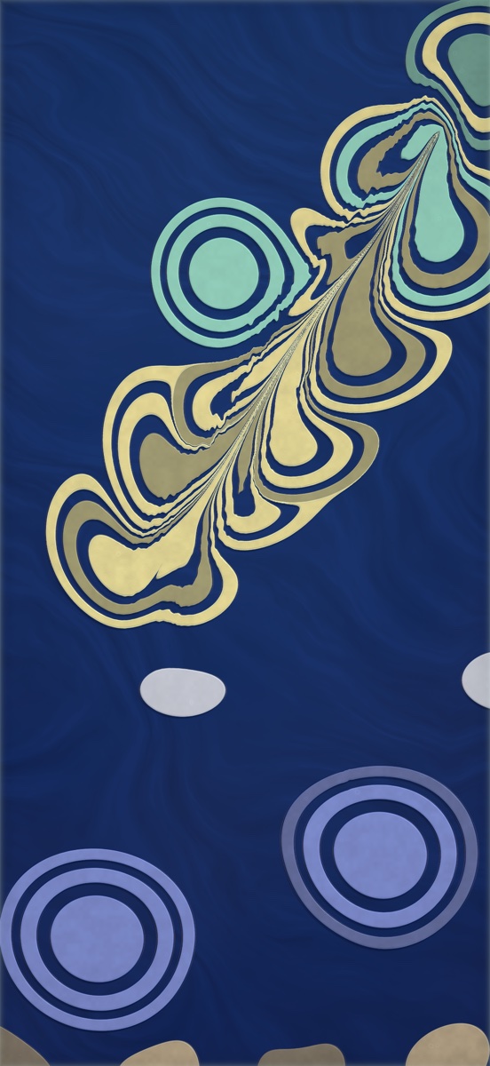 A richly evolved marbling composition in Flewid's LUMEN water: a feathered cascade of gold and mint drawn corner to corner by the current.